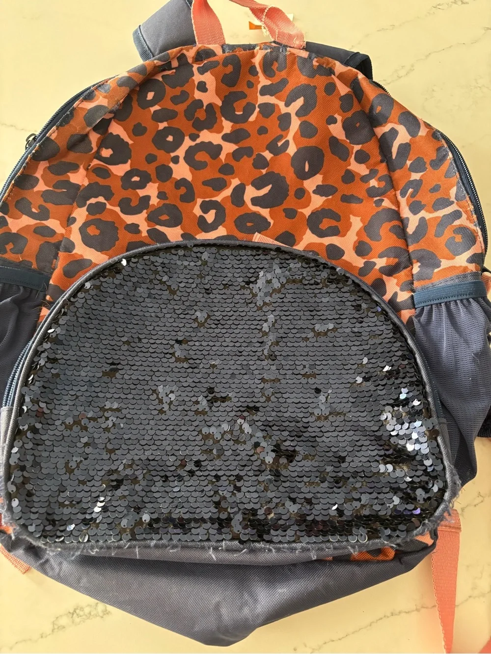 Leopard Print Backpack with Black Sequin Pocket